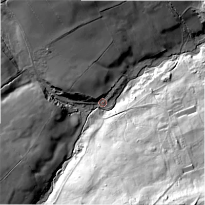 Shaded relief map of the ground around DH79ET, computed from Environment Agency LiDAR. The ground here sits at about 193 m above sea level and falls 97 m across the surrounding 800 m. Surface water reaching this point runs off ground lying to the south-south-east, 72.9 m higher.