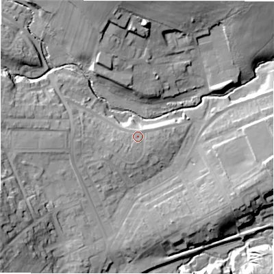 Shaded relief map of the ground around DH79LE, computed from Environment Agency LiDAR. The ground here sits at about 129 m above sea level and falls 27 m across the surrounding 800 m. Surface water reaching this point runs off ground lying to the south-south-west, 2.5 m higher.