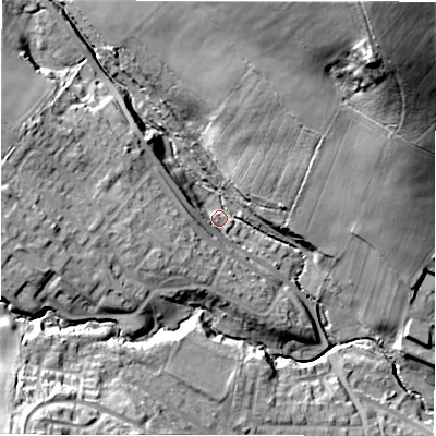 Shaded relief map of the ground around DH79LQ, computed from Environment Agency LiDAR. The ground here sits at about 131 m above sea level and falls 66 m across the surrounding 800 m. Surface water reaching this point runs off ground lying to the north-east, 60.0 m higher.