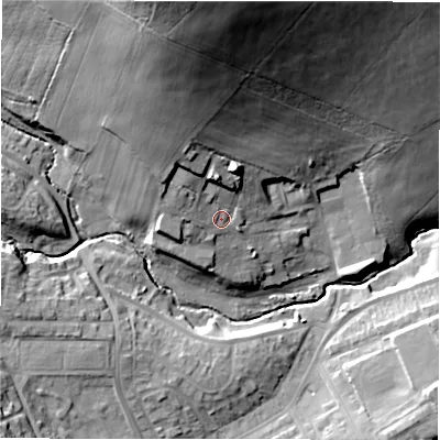Shaded relief map of the ground around DH79PT, computed from Environment Agency LiDAR. The ground here sits at about 130 m above sea level and falls 50 m across the surrounding 800 m. Surface water reaching this point runs off ground lying to the north, 38.4 m higher.