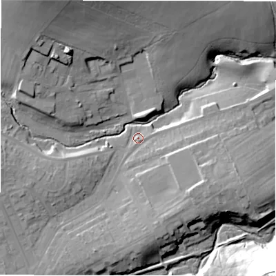 Shaded relief map of the ground around DH79PX, computed from Environment Agency LiDAR. The ground here sits at about 124 m above sea level and falls 53 m across the surrounding 800 m. Surface water reaching this point runs off ground lying to the east-south-east, 12.8 m higher.