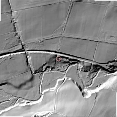 Shaded relief map of the ground around DH79QE, computed from Environment Agency LiDAR. The ground here sits at about 103 m above sea level and falls 44 m across the surrounding 800 m. Surface water reaching this point runs off ground lying to the north, 10.6 m higher.