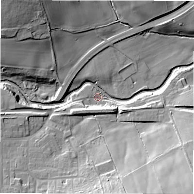 Shaded relief map of the ground around DH79TP, computed from Environment Agency LiDAR. The ground here sits at about 88 m above sea level and falls 33 m across the surrounding 800 m. Surface water reaching this point runs off ground lying to the west-south-west, 10.2 m higher.