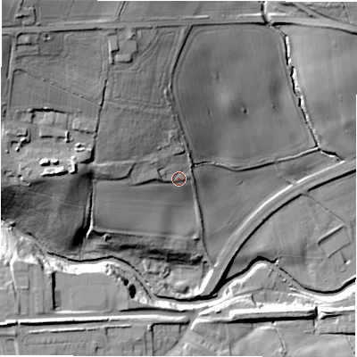 Shaded relief map of the ground around DH79TR, computed from Environment Agency LiDAR. The ground here sits at about 103 m above sea level and falls 47 m across the surrounding 800 m. Surface water reaching this point runs off ground lying to the north-west, 14.1 m higher.