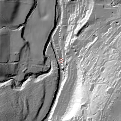 Shaded relief map of the ground around DH80GZ, computed from Environment Agency LiDAR. The ground here sits at about 88 m above sea level and falls 86 m across the surrounding 800 m. Surface water reaching this point runs off ground lying to the south-east, 82.4 m higher.
