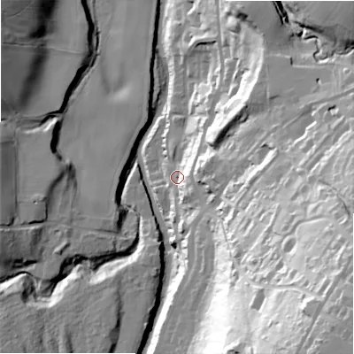 Shaded relief map of the ground around DH80JE, computed from Environment Agency LiDAR. The ground here sits at about 89 m above sea level and falls 84 m across the surrounding 800 m. Surface water reaching this point runs off ground lying to the east-south-east, 64.3 m higher.