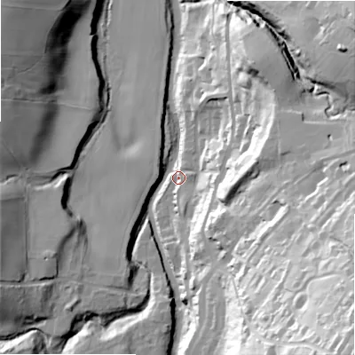 Shaded relief map of the ground around DH80NY, computed from Environment Agency LiDAR. The ground here sits at about 86 m above sea level and falls 80 m across the surrounding 800 m. Surface water reaching this point runs off ground lying to the south-east, 77.5 m higher.
