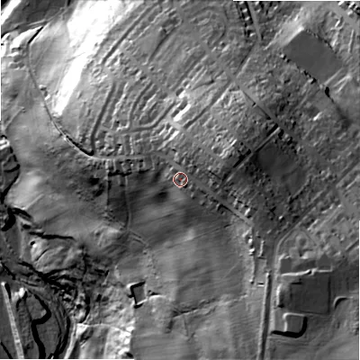 Shaded relief map of the ground around DH88JS, computed from Environment Agency LiDAR. The ground here sits at about 175 m above sea level and falls 107 m across the surrounding 800 m. Surface water reaching this point runs off ground lying to the east-north-east, 15.4 m higher.