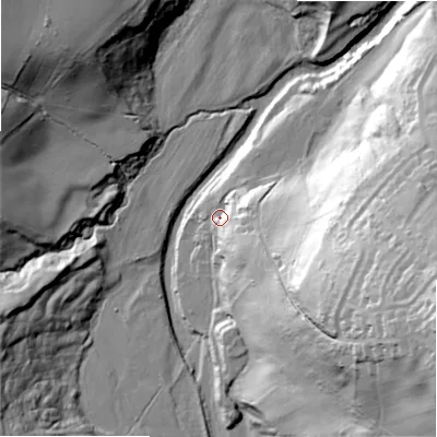 Shaded relief map of the ground around DH88SF, computed from Environment Agency LiDAR. The ground here sits at about 102 m above sea level and falls 84 m across the surrounding 800 m. Surface water reaching this point runs off ground lying to the east-south-east, 52.7 m higher.