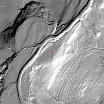 Shaded relief map of the ground around DH88SG, computed from Environment Agency LiDAR. The ground here sits at about 104 m above sea level and falls 98 m across the surrounding 800 m. Surface water reaching this point runs off ground lying to the south-south-east, 53.0 m higher.