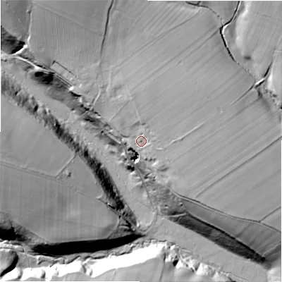 Shaded relief map of the ground around DH89EJ, computed from Environment Agency LiDAR. The ground here sits at about 187 m above sea level and falls 48 m across the surrounding 800 m. Surface water reaching this point runs off ground lying to the north-east, 4.8 m higher.