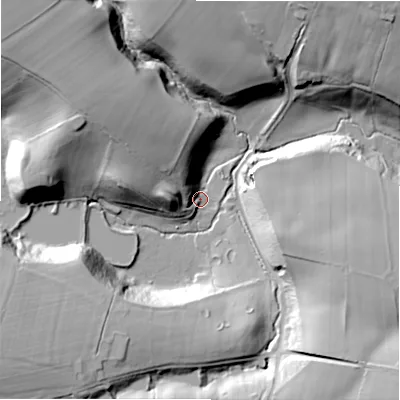 Shaded relief map of the ground around DH89EL, computed from Environment Agency LiDAR. The ground here sits at about 150 m above sea level and falls 44 m across the surrounding 800 m. Surface water reaching this point runs off ground lying to the north-west, 29.8 m higher.