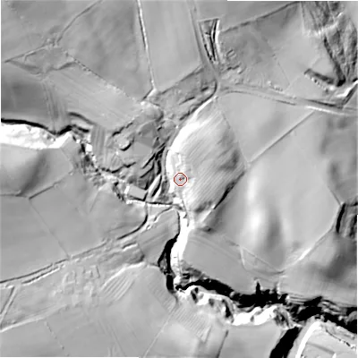 Shaded relief map of the ground around DH89JB, computed from Environment Agency LiDAR. The ground here sits at about 108 m above sea level and falls 72 m across the surrounding 800 m. Surface water reaching this point runs off ground lying to the north-west, 38.1 m higher.