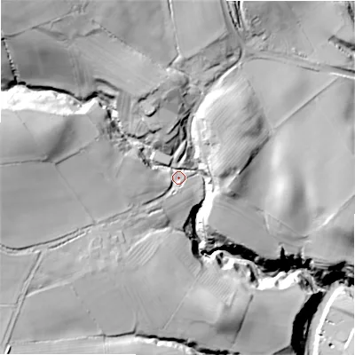Shaded relief map of the ground around DH89JD, computed from Environment Agency LiDAR. The ground here sits at about 100 m above sea level and falls 71 m across the surrounding 800 m. Surface water reaching this point runs off ground lying to the north-west, 41.1 m higher.