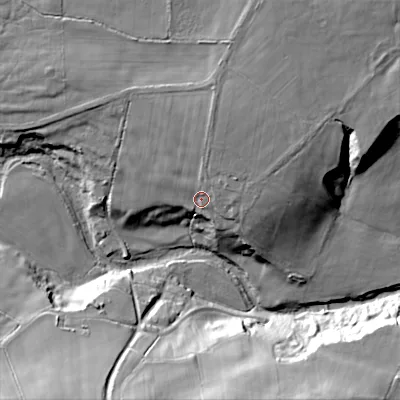 Shaded relief map of the ground around DH89LZ, computed from Environment Agency LiDAR. The ground here sits at about 195 m above sea level and falls 35 m across the surrounding 800 m. Surface water reaching this point runs off ground lying to the north-north-east, 7.0 m higher.