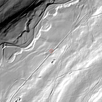 Shaded relief map of the ground around DH89NF, computed from Environment Agency LiDAR. The ground here sits at about 249 m above sea level and falls 124 m across the surrounding 800 m. Surface water reaching this point runs off ground lying to the south-east, 76.6 m higher.