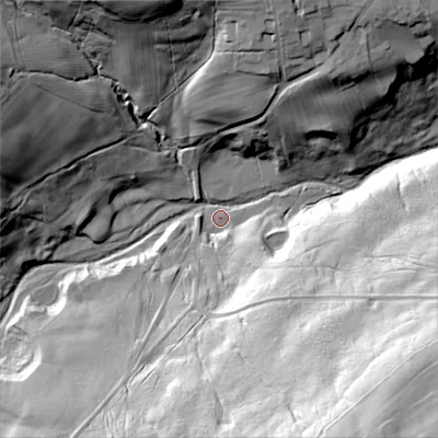 Shaded relief map of the ground around DH89NG, computed from Environment Agency LiDAR. The ground here sits at about 223 m above sea level and falls 80 m across the surrounding 800 m. Surface water reaching this point runs off ground lying to the south-east, 76.1 m higher.