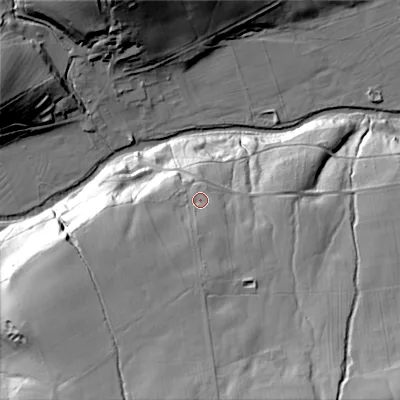 Shaded relief map of the ground around DH89PZ, computed from Environment Agency LiDAR. The ground here sits at about 264 m above sea level and falls 61 m across the surrounding 800 m. Surface water reaching this point runs off ground lying to the south, 28.7 m higher.