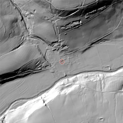 Shaded relief map of the ground around DH89SP, computed from Environment Agency LiDAR. The ground here sits at about 240 m above sea level and falls 84 m across the surrounding 800 m. Surface water reaching this point runs off ground lying to the north, 47.9 m higher.