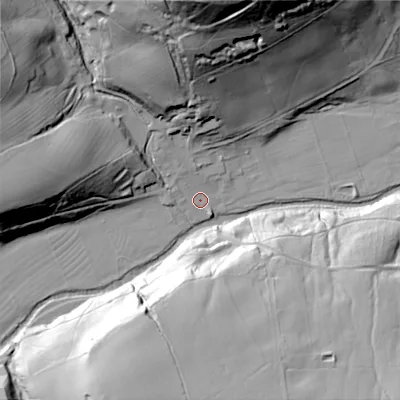 Shaded relief map of the ground around DH89SR, computed from Environment Agency LiDAR. The ground here sits at about 238 m above sea level and falls 77 m across the surrounding 800 m. Surface water reaching this point runs off ground lying to the north, 49.6 m higher.