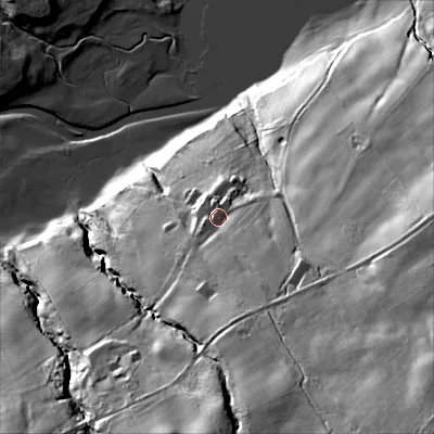 Shaded relief map of the ground around DH89TY, computed from Environment Agency LiDAR. The ground here sits at about 244 m above sea level and falls 76 m across the surrounding 800 m. Surface water reaching this point runs off ground lying to the south-east, 17.5 m higher.