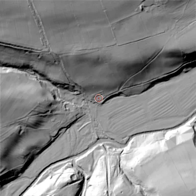 Shaded relief map of the ground around DH89UB, computed from Environment Agency LiDAR. The ground here sits at about 250 m above sea level and falls 75 m across the surrounding 800 m. Surface water reaching this point runs off ground lying to the north-north-west, 58.4 m higher.