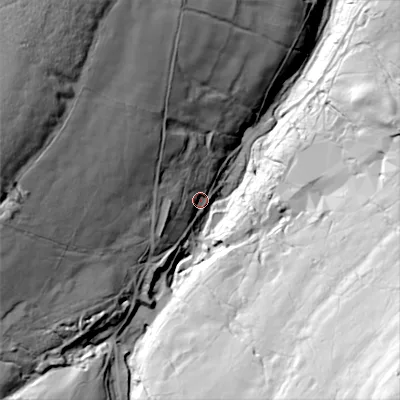 Shaded relief map of the ground around DH89UU, computed from Environment Agency LiDAR. The ground here sits at about 347 m above sea level and falls 124 m across the surrounding 800 m. Surface water reaching this point runs off ground lying to the south-east, 107.2 m higher.