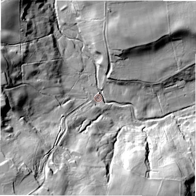 Shaded relief map of the ground around DH90RR, computed from Environment Agency LiDAR. The ground here sits at about 98 m above sea level and falls 64 m across the surrounding 800 m. Surface water reaching this point runs off ground lying to the south-west, 59.2 m higher.