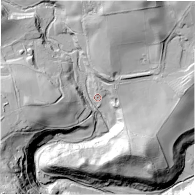 Shaded relief map of the ground around DH90RX, computed from Environment Agency LiDAR. The ground here sits at about 71 m above sea level and falls 84 m across the surrounding 800 m. Surface water reaching this point runs off ground lying to the north-north-east, 16.7 m higher.