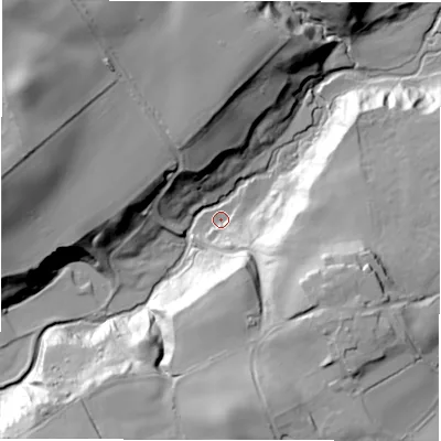 Shaded relief map of the ground around DH90SB, computed from Environment Agency LiDAR. The ground here sits at about 50 m above sea level and falls 55 m across the surrounding 800 m. Surface water reaching this point runs off ground lying to the south, 42.6 m higher.