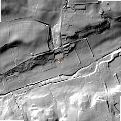 Shaded relief map of the ground around DH90YB, computed from Environment Agency LiDAR. The ground here sits at about 93 m above sea level and falls 50 m across the surrounding 800 m. Surface water reaching this point runs off ground lying to the north-west, 42.9 m higher.