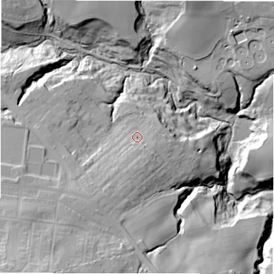 Shaded relief map of the ground around DH96BA, computed from Environment Agency LiDAR. The ground here sits at about 148 m above sea level and falls 49 m across the surrounding 800 m. Surface water reaching this point runs off ground lying to the south-south-west, 11.0 m higher.