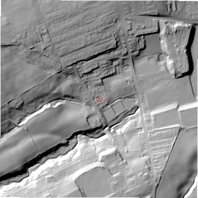 Shaded relief map of the ground around DH97EQ, computed from Environment Agency LiDAR. The ground here sits at about 181 m above sea level and falls 37 m across the surrounding 800 m. Surface water reaching this point runs off ground lying to the north-west, 26.1 m higher.