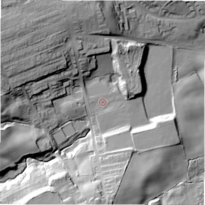 Shaded relief map of the ground around DH97EZ, computed from Environment Agency LiDAR. The ground here sits at about 177 m above sea level and falls 40 m across the surrounding 800 m. Surface water reaching this point runs off ground lying to the south, 28.6 m higher.