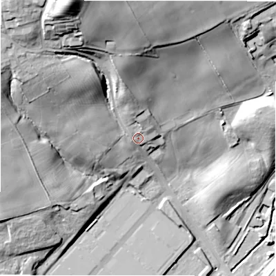 Shaded relief map of the ground around DH99QE, computed from Environment Agency LiDAR. The ground here sits at about 158 m above sea level and falls 63 m across the surrounding 800 m. Surface water reaching this point runs off ground lying to the north, 10.5 m higher.