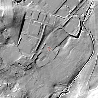 Shaded relief map of the ground around DH99UU, computed from Environment Agency LiDAR. The ground here sits at about 145 m above sea level and falls 23 m across the surrounding 800 m. Surface water reaching this point runs off ground lying to the west, 1.6 m higher.