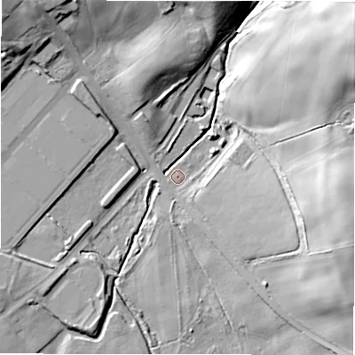 Shaded relief map of the ground around DH99UY, computed from Environment Agency LiDAR. The ground here sits at about 141 m above sea level and falls 28 m across the surrounding 800 m. Surface water reaching this point runs off ground lying to the east-south-east, 24.3 m higher.