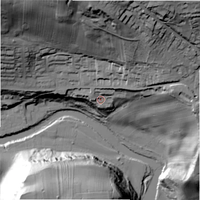 Shaded relief map of the ground around DL104GE, computed from Environment Agency LiDAR. The ground here sits at about 122 m above sea level and falls 86 m across the surrounding 800 m. Surface water reaching this point runs off ground lying to the north-east, 10.0 m higher.