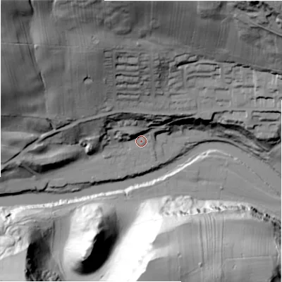 Shaded relief map of the ground around DL104HN, computed from Environment Agency LiDAR. The ground here sits at about 108 m above sea level and falls 82 m across the surrounding 800 m. Surface water reaching this point runs off ground lying to the north-north-west, 67.7 m higher.