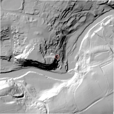 Shaded relief map of the ground around DL104JR, computed from Environment Agency LiDAR. The ground here sits at about 111 m above sea level and falls 65 m across the surrounding 800 m. Surface water reaching this point runs off ground lying to the west-north-west, 30.7 m higher.