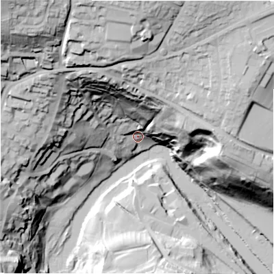 Shaded relief map of the ground around DL104JZ, computed from Environment Agency LiDAR. The ground here sits at about 96 m above sea level and falls 91 m across the surrounding 800 m. Surface water reaching this point runs off ground lying to the north, 79.3 m higher.