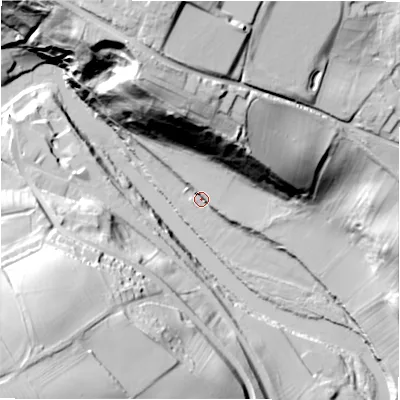 Shaded relief map of the ground around DL104LA, computed from Environment Agency LiDAR. The ground here sits at about 90 m above sea level and falls 68 m across the surrounding 800 m. Surface water reaching this point runs off ground lying to the north-north-east, 5.4 m higher.