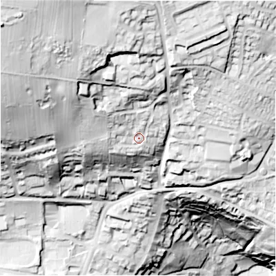 Shaded relief map of the ground around DL104PU, computed from Environment Agency LiDAR. The ground here sits at about 168 m above sea level and falls 128 m across the surrounding 800 m. Surface water reaching this point runs off ground lying to the north-west, 24.8 m higher.