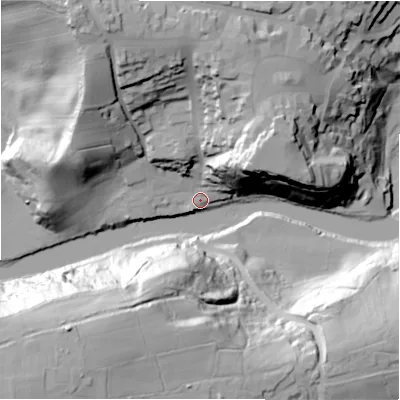 Shaded relief map of the ground around DL104RP, computed from Environment Agency LiDAR. The ground here sits at about 101 m above sea level and falls 74 m across the surrounding 800 m. Surface water reaching this point runs off ground lying to the north-east, 41.8 m higher.