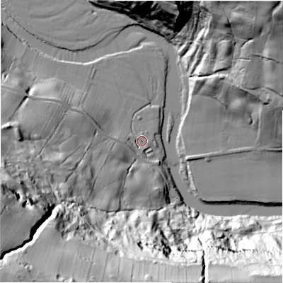 Shaded relief map of the ground around DL104SE, computed from Environment Agency LiDAR. The ground here sits at about 114 m above sea level and falls 119 m across the surrounding 800 m. Surface water reaching this point runs off ground lying to the south-west, 103.4 m higher.