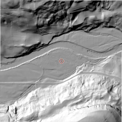 Shaded relief map of the ground around DL104SF, computed from Environment Agency LiDAR. The ground here sits at about 119 m above sea level and falls 139 m across the surrounding 800 m. Surface water reaching this point runs off ground lying to the west, 2.5 m higher.