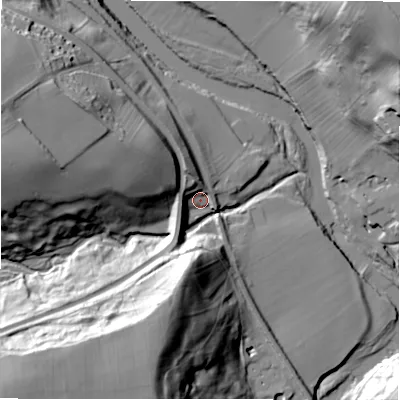 Shaded relief map of the ground around DL104SJ, computed from Environment Agency LiDAR. The ground here sits at about 91 m above sea level and falls 51 m across the surrounding 800 m. Surface water reaching this point runs off ground lying to the west-north-west, 31.8 m higher.