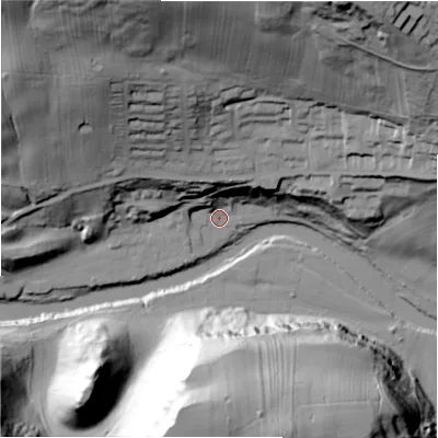 Shaded relief map of the ground around DL104TJ, computed from Environment Agency LiDAR. The ground here sits at about 106 m above sea level and falls 83 m across the surrounding 800 m. Surface water reaching this point runs off ground lying to the north-north-west, 41.5 m higher.