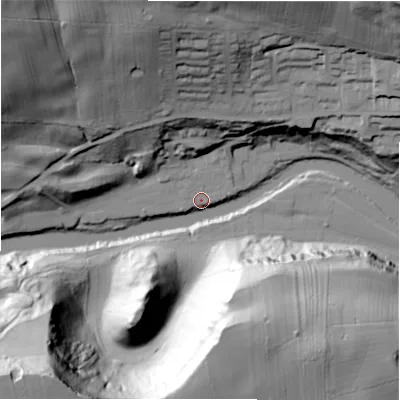 Shaded relief map of the ground around DL104TL, computed from Environment Agency LiDAR. The ground here sits at about 107 m above sea level and falls 92 m across the surrounding 800 m. Surface water reaching this point runs off ground lying to the north-west, 14.1 m higher.