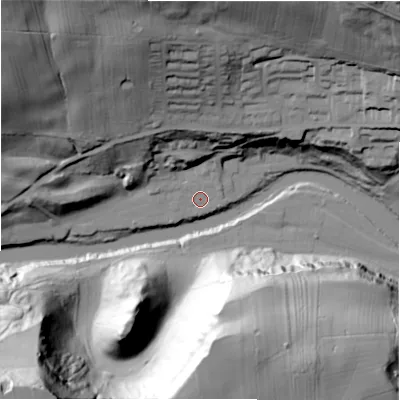 Shaded relief map of the ground around DL104TN, computed from Environment Agency LiDAR. The ground here sits at about 107 m above sea level and falls 92 m across the surrounding 800 m. Surface water reaching this point runs off ground lying to the north-north-west, 56.0 m higher.
